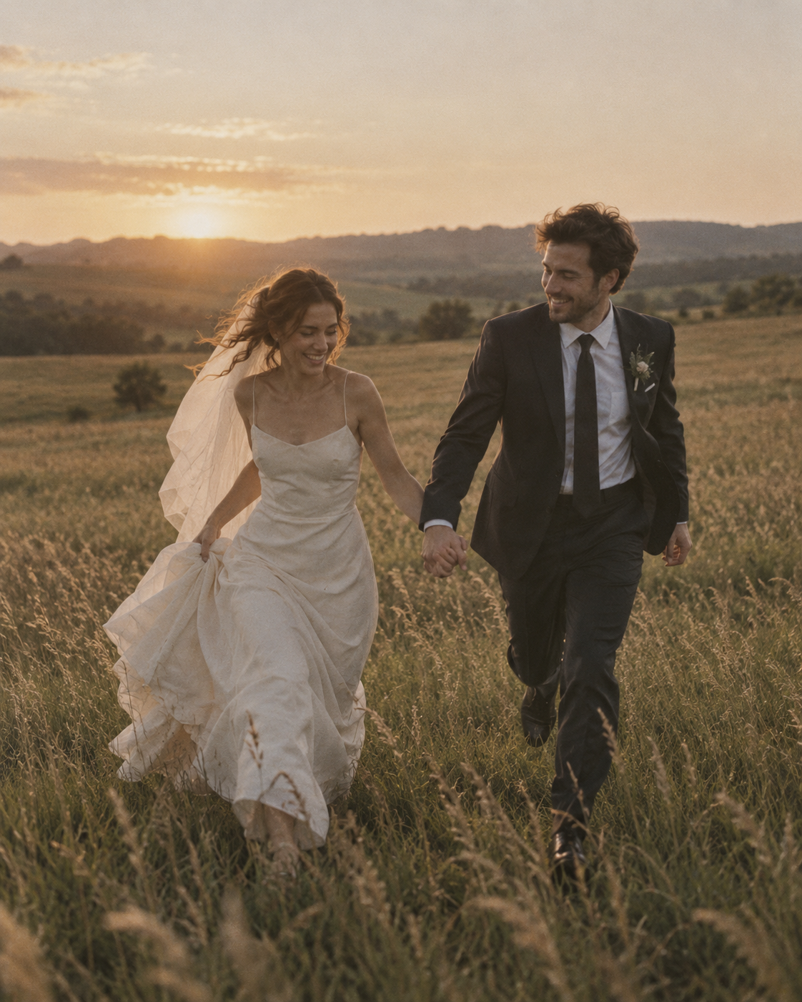 Casal correndo junto em um campo aberto