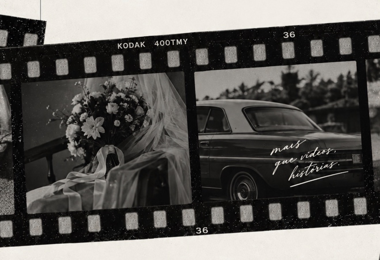 Faixa de filme com um buquê de noiva e um carro clássico